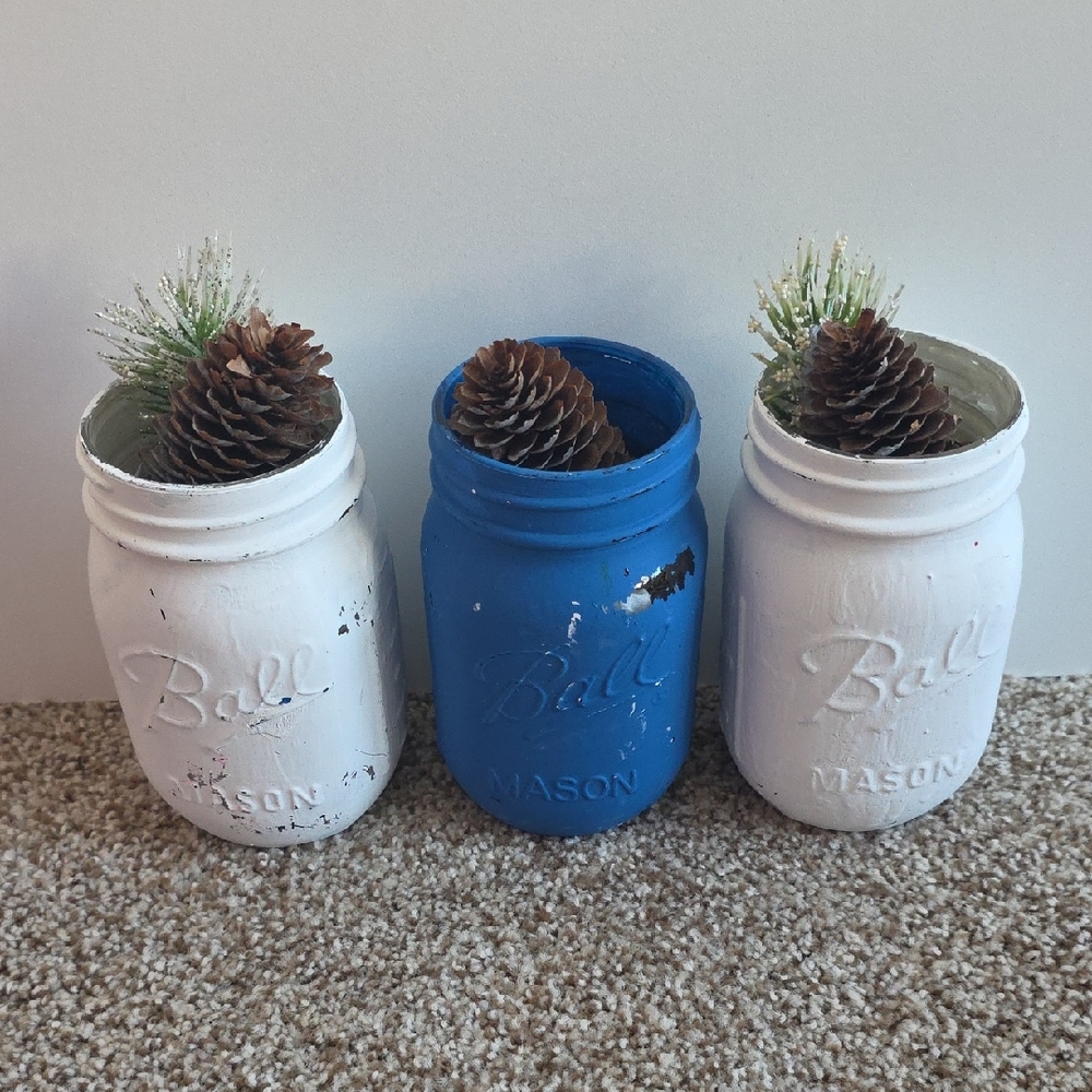 Blue and White Ball Mason Jars with Pinecones